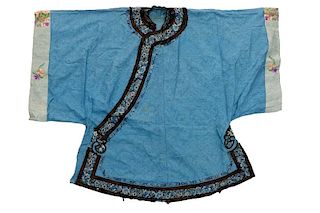 Chinese Short Blue Silk Embroidered Robe