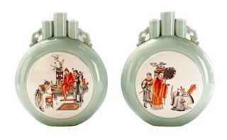 Pair, Chinese Porcelain Triple Spouted Moonflasks