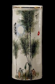 Chinese Porcelain Vase, Night Scene w/ Bamboo