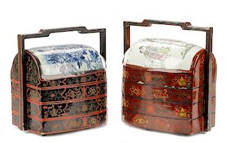 2 Chinese Porcelain & Lacquer Lunch Boxes