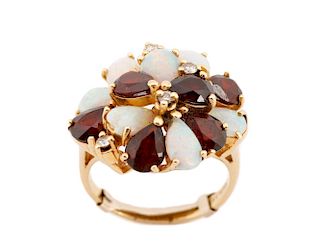 14k, Garnet, Opal, & Diamond Cluster Ring