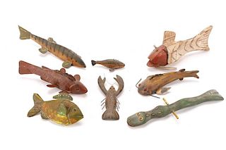 Collection of 8 Folk Art Wood Carved Decoys/Lures
