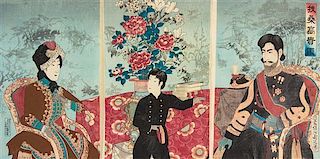 Toyohara Chikanobu, (1838-1912), A Mirror of Japanese Nobility: The Emperor Meiji, His Wife and Prince Haru, 1887
