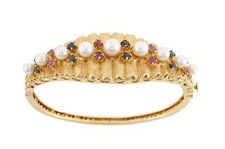 14k Yellow Gold Pearl, Ruby & Sapphire Bracelet