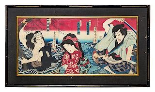 Toyohara Kunichika, (1835-1900), In the Flood: Actors Nakamura, Sawamura and Ichikawa, 1870s