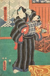 Utagawa Kunisada (Toyokuni III), (1786-1865), depicting a man holding a child