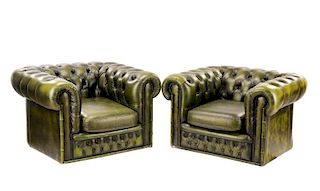 Pair, Green Vinyl MCM Chesterfield Club Chairs