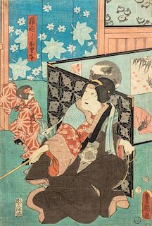 Utagawa Kunisada (Toyokuni III) Height visible 13 5/8 x width 9 1/4 inches.