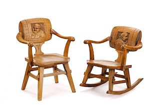 Pair, Carved Oak Beer Barrel & Monk Chairs