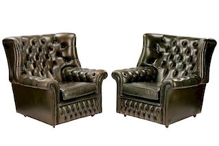 Pair Green Leather French Chesterfield Club Chairs