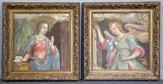 "The Annunciation". Pair of Fresco Style Oils on