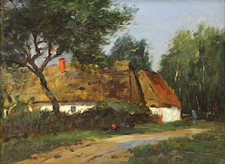 Early 20th C. Oil on Board. Cottage in Landscape.