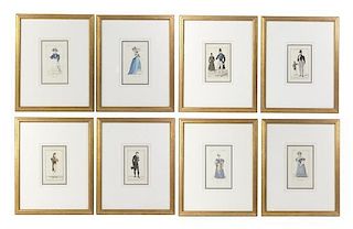 A Set of Eight French Handcolored Costume Engravings, Height 10 x width 6 1/4 inches (visible).