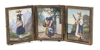 Three Continental Miniature Paintings, Height of each panel 3 5/8 x width 2 3/4 inches.