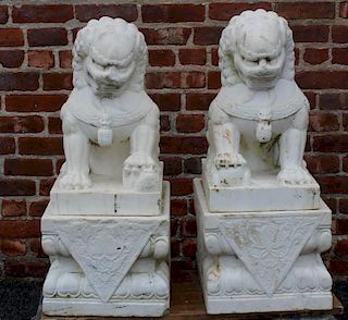 A Vintage Pair of Marble Foo Lions on Marble