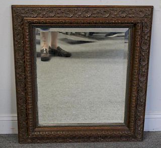 Antique and Finely Carved Oak Beveled Mirror.