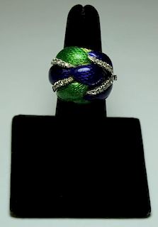 JEWELRY. 18kt Gold, Enamel, and Diamond Ring.