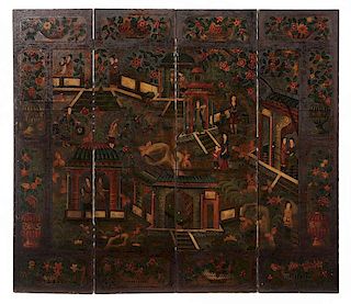 Finely Painted Four-Panel Wall Screen