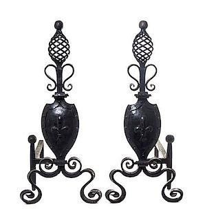A Pair of Wrought Iron Andirons, Height 29 inches.