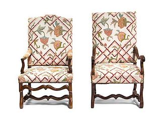 Two Louis XIII Style Upholstered Armchairs, Height of taller 46 inches.