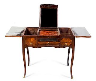 A Louis XV Style Parquetry Poudresse, Height 27 1/4 x width 29 x depth 18 3/4 inches.