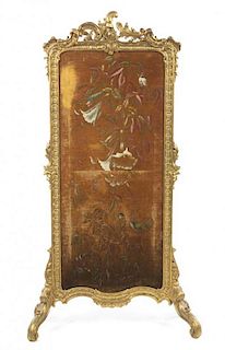 A Louis XV Style Giltwood and Painted Fabric Firescreen, Height 62 1/4 x width 33 x depth 14 inches.
