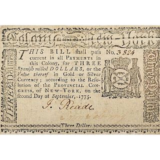 1775 NEW YORK COLONIAL CURRENCY $3 NOTE