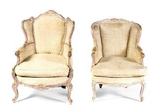 An Associated Pair of Louis XV Style Painted Bergeres, Height of taller 43 3/4 inches.