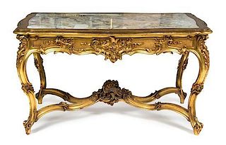 A Louis XV Style Giltwood Center Table, SECOND HALF 19TH CENTURY, Height 31 x width 53 x depth 34 1/4 inches.