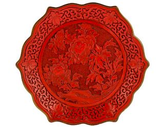 Chinese Lacquered Cinnabar Plate w/ Peonies