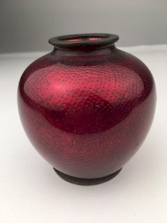 Vintage Japanese ox blood red cloisonne vase in a boulbous shape.<BR>