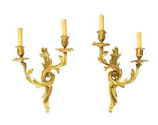 A Pair of Louis XV Style Gilt Bronze Two-Light Sconces, Height 16 inches.
