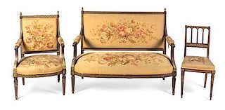 A Louis XV Style Tapestry Upholstered and Gilt Metal Mounted Mahogany Parlor Suite, Height of fauteuil 38 1/2 inches.