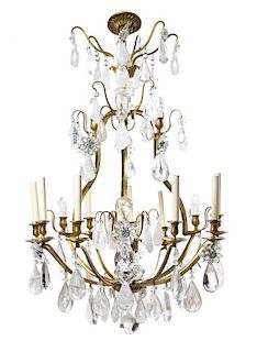 A Louis XV Style Gilt Bronze and Rock Crystal Nine-Light Chandelier, 20TH CENTURY, NESLE INC., Height 30 x diameter 42 inches.
