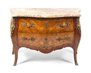 A Louis XV Style Marquetry and Bronze Mounted Marble Top Bombe Commode, 19TH CENTURY, POSSIBLY EARLIER, Height 33 3/4 x width 47