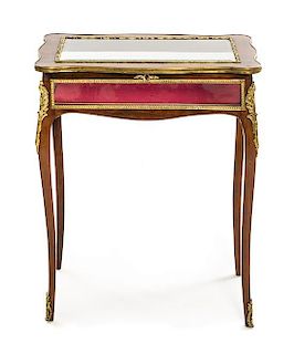 A Louis XV Style Brass Banded Mahogany and Marquetry Vitrine Table, Height 28 x width 24 x depth 16 inches.