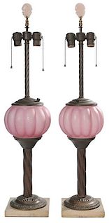 Pair Pink Satin Glass, Brass and