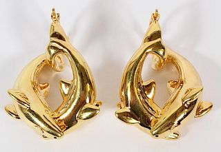 14KT YELLOW GOLD SWIMMING DOLPHIN EARRINGS