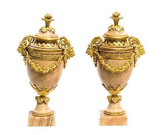 A Pair of Louis XVI Style Gilt Bronze Mounted Marble Urns, Height 28 1/2 inches.