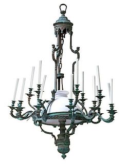 A Neoclassical Style Patinated Bronze Nineteen-Light Chandelier, Height 65 x diameter 46 inches.