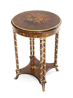 A French Gilt Metal Mounted Vernis Martin Gueridon, 20TH CENTURY, Height 29 1/2 x diameter of top 20 1/2 inches.