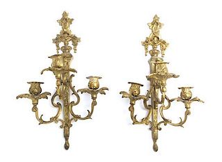 A Pair of Louis XVI Style Gilt Bronze Three-Light Sconces, Height 19 inches.