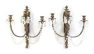 A Pair of Neoclassical Bronze Three-Light Sconces, Height 8 1/2 inches.