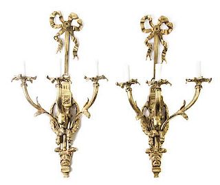 A Pair of Louis XVI Style Gilt Bronze Three-Light Sconces, Height 31 1/2 inches.