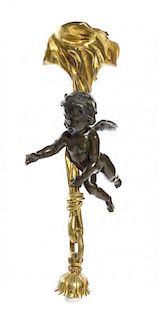 A Gilt and Patinated Bronze Pendant Fixture, Height 21 inches.