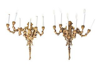 A Pair of Neoclassical Gilt Bronze Six-Light Sconces, Height 25 1/4 inches.