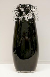Hand Blown Black Glass Vase w/ Crystal Waved Glass