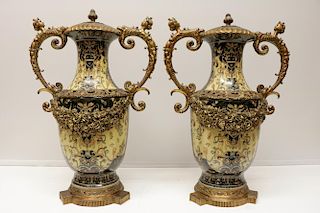 Pair of Brown Porcelain & Bronze Decoration Vases