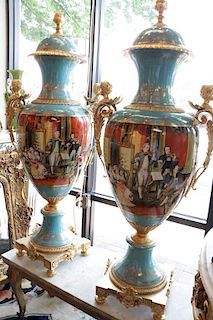 Pair of Blue Sevres Porcelain Vases w/ Lids