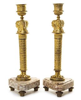 A Pair of Neoclassical Gilt Bronze and Marble Candlesticks, Height 12 1/2 inches.